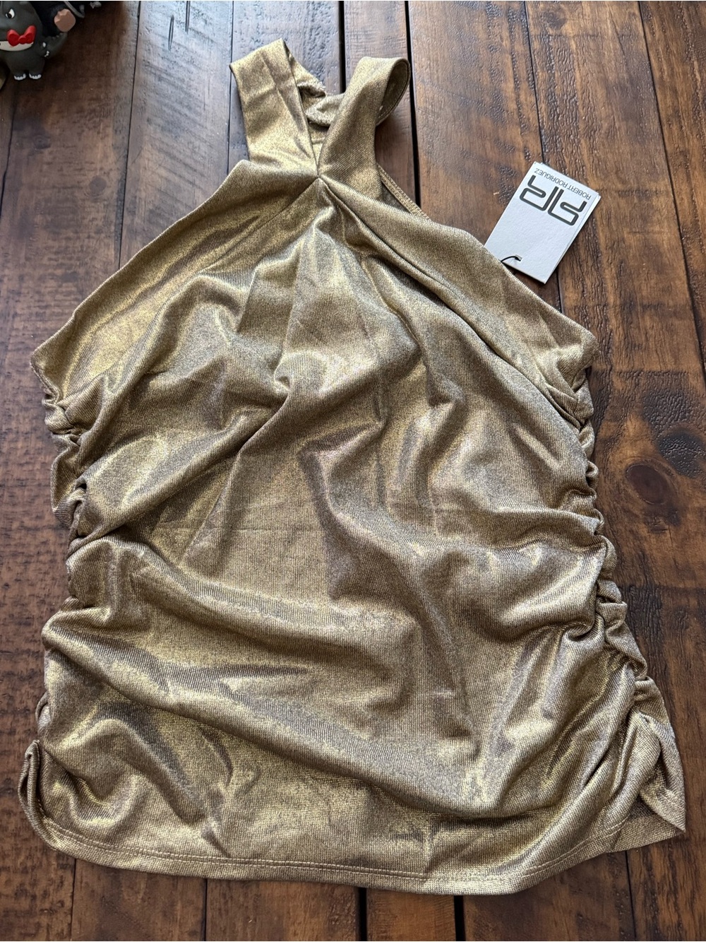 NWT Sz M Robert Rodriguez Metallic Gold Ruched Halter Camisole